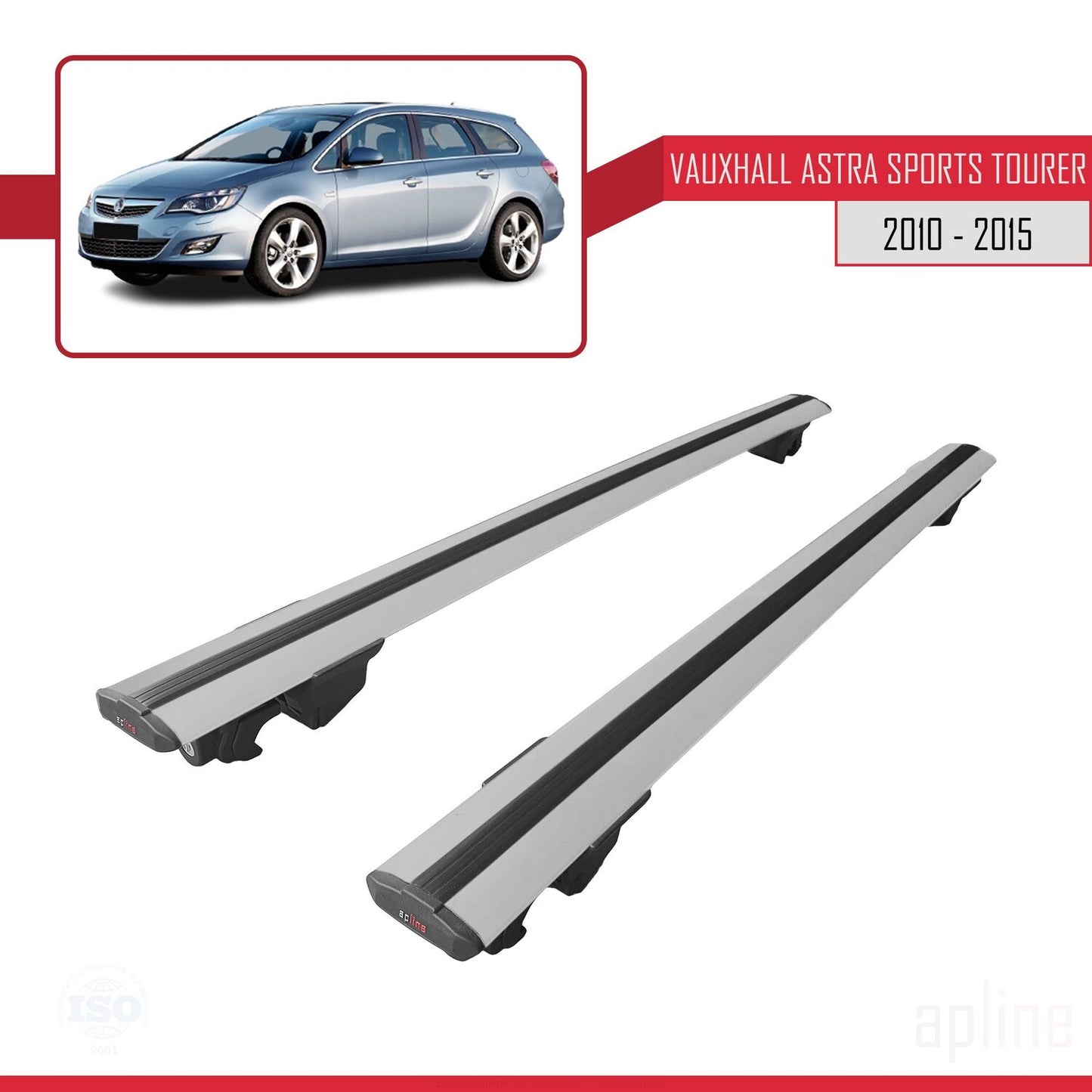 Compatible with Vauxhall Astra J (P09) ST 2010-2015 HOOK Model Car Roof Rack Cross Bar Grey Aluminium 2 Bars
