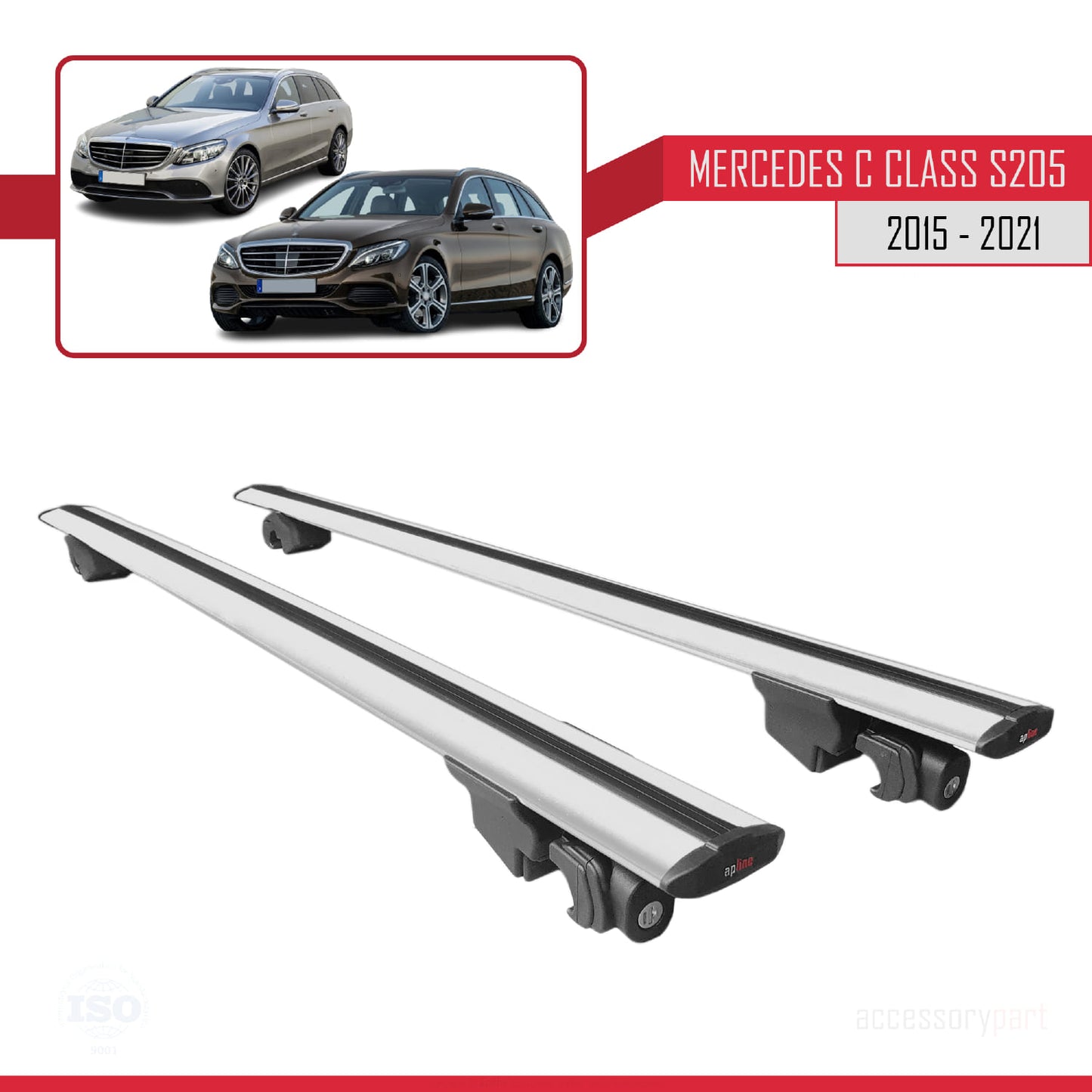 Compatible with Mercedes C Class 4 (S205) 2015-2021 HOOK Model Roof Rack Gray 2 Aluminium Bars