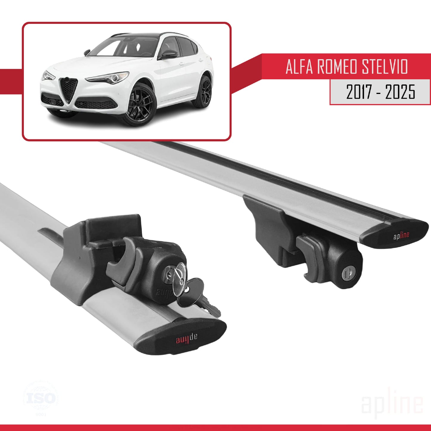 Compatible with Alfa Romeo Stelvio (T949) 2017-2025 HOOK Model Car Roof Rack Cross Bar Grey Aluminium 2 Bars