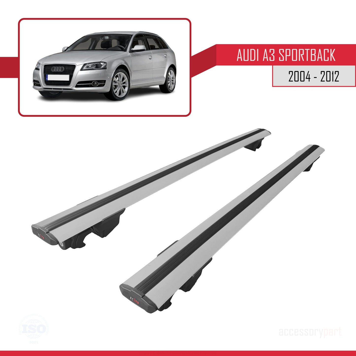 Compatible with Audi A3 (8PA) Sportback 2004-2012 HOOK Model Roof Rack Gray 2 Aluminium Bars