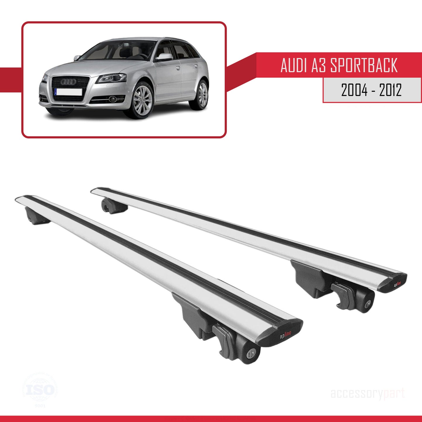 Compatible with Audi A3 (8PA) Sportback 2004-2012 HOOK Model Roof Rack Gray 2 Aluminium Bars
