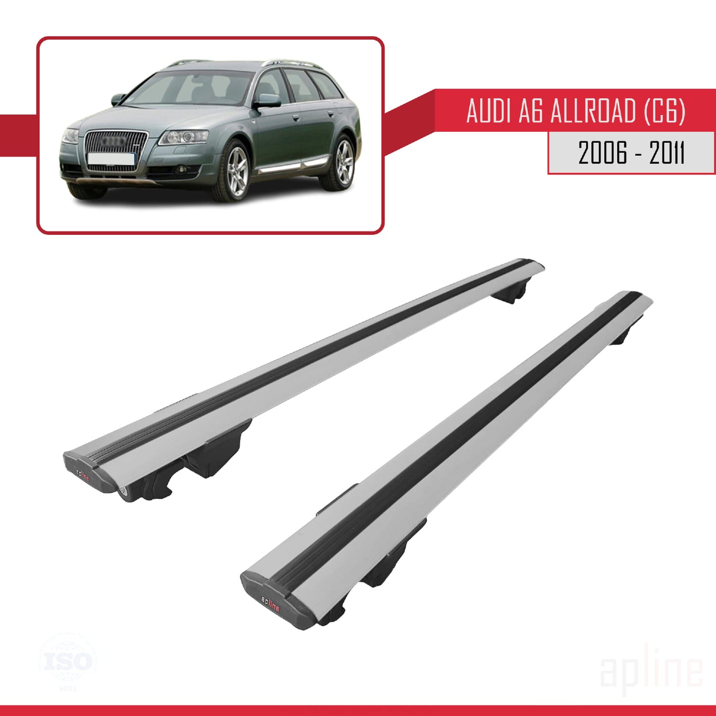 Compatible with Audi A6 (C6) Allroad 2006-2011 HOOK Model Car Roof Rack Cross Bar Grey Aluminium 2 Bars
