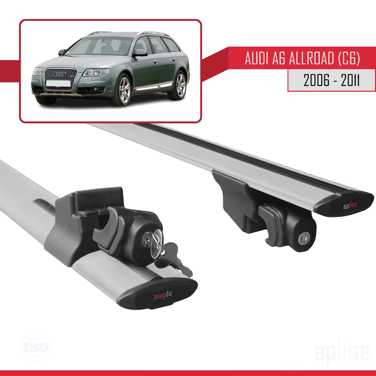 Compatible with Audi A6 (C6) Allroad 2006-2011 HOOK Model Car Roof Rack Cross Bar Grey Aluminium 2 Bars