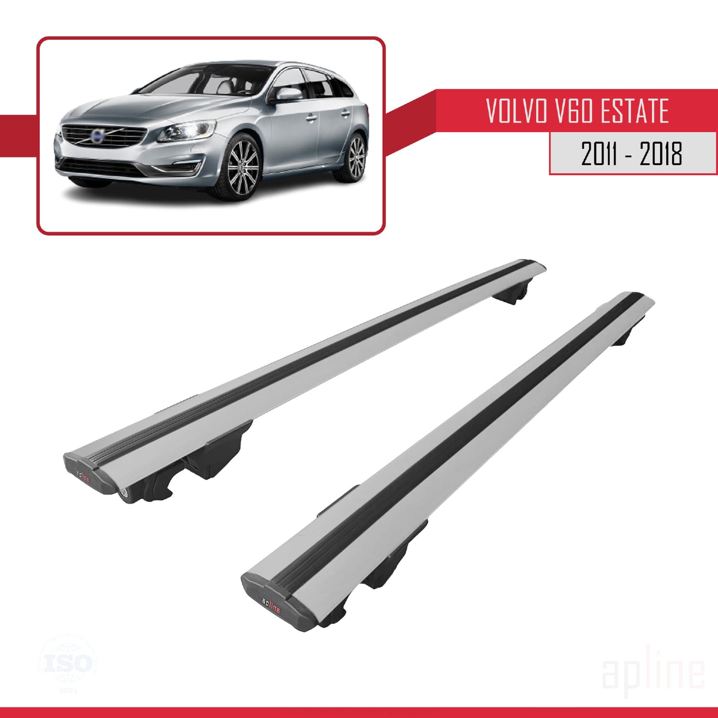 Compatible with Volvo V60 2011-2018 HOOK Model Car Roof Rack Cross Bar Grey Aluminium 2 Bars