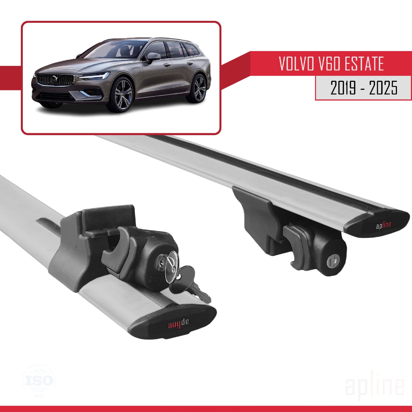 Compatible with Volvo V60 II 2019-2025 HOOK Model Car Roof Rack Cross Bar Grey Aluminium 2 Bars
