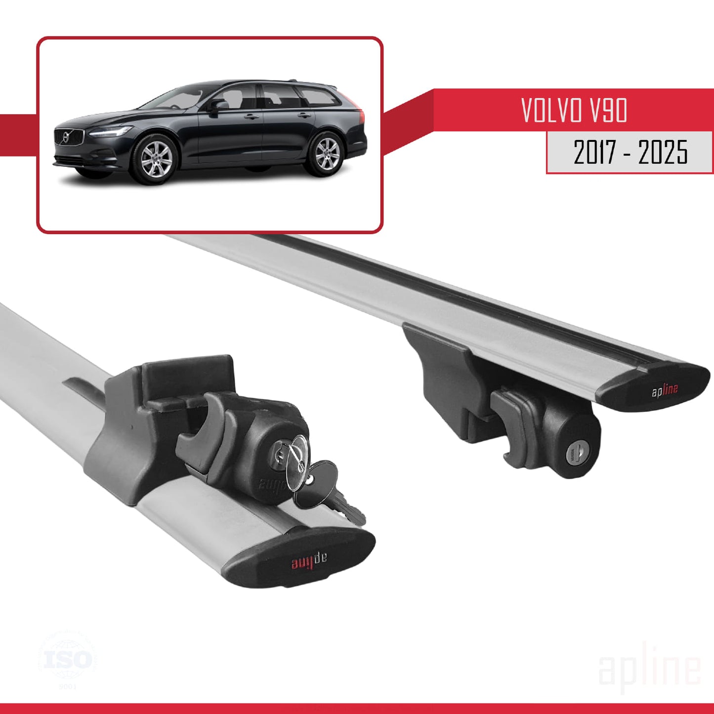 Compatible with Volvo V90 2017-2025 HOOK Model Car Roof Rack Cross Bar Grey Aluminium 2 Bars
