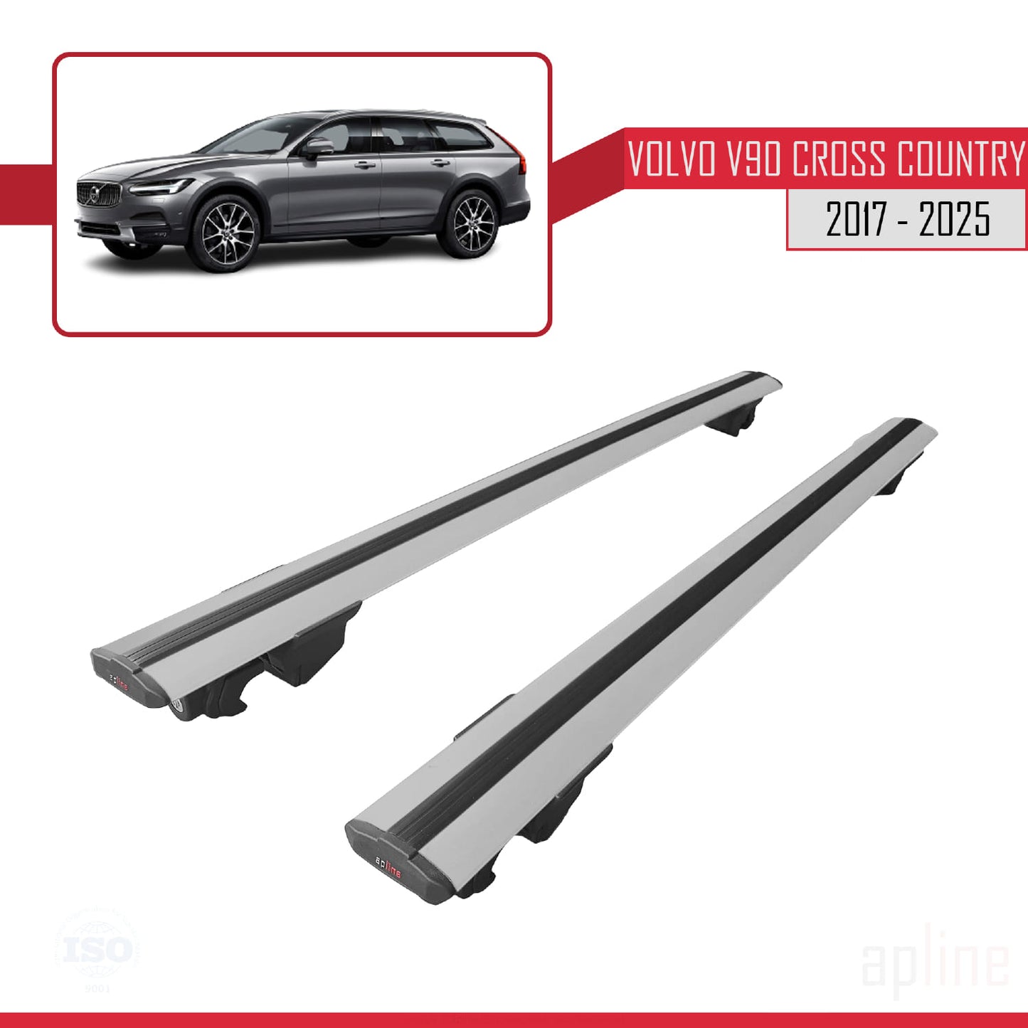 Compatible with Volvo V90 II Cross Country 2017-2025 HOOK Model Car Roof Rack Cross Bar Grey Aluminium 2 Bars