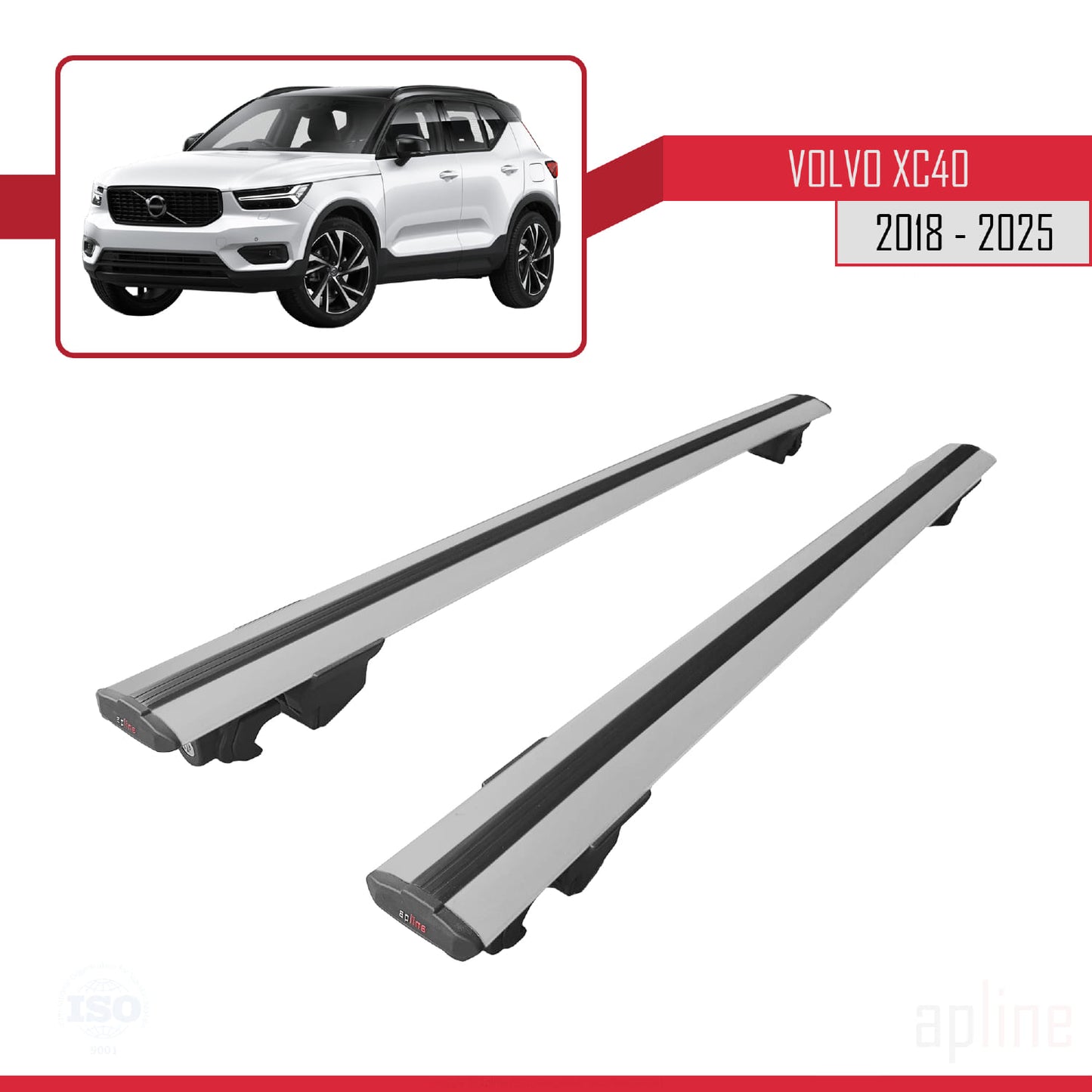 Compatible with Volvo XC40 2018-2025 HOOK Model Car Roof Rack Cross Bar Grey Aluminium 2 Bars