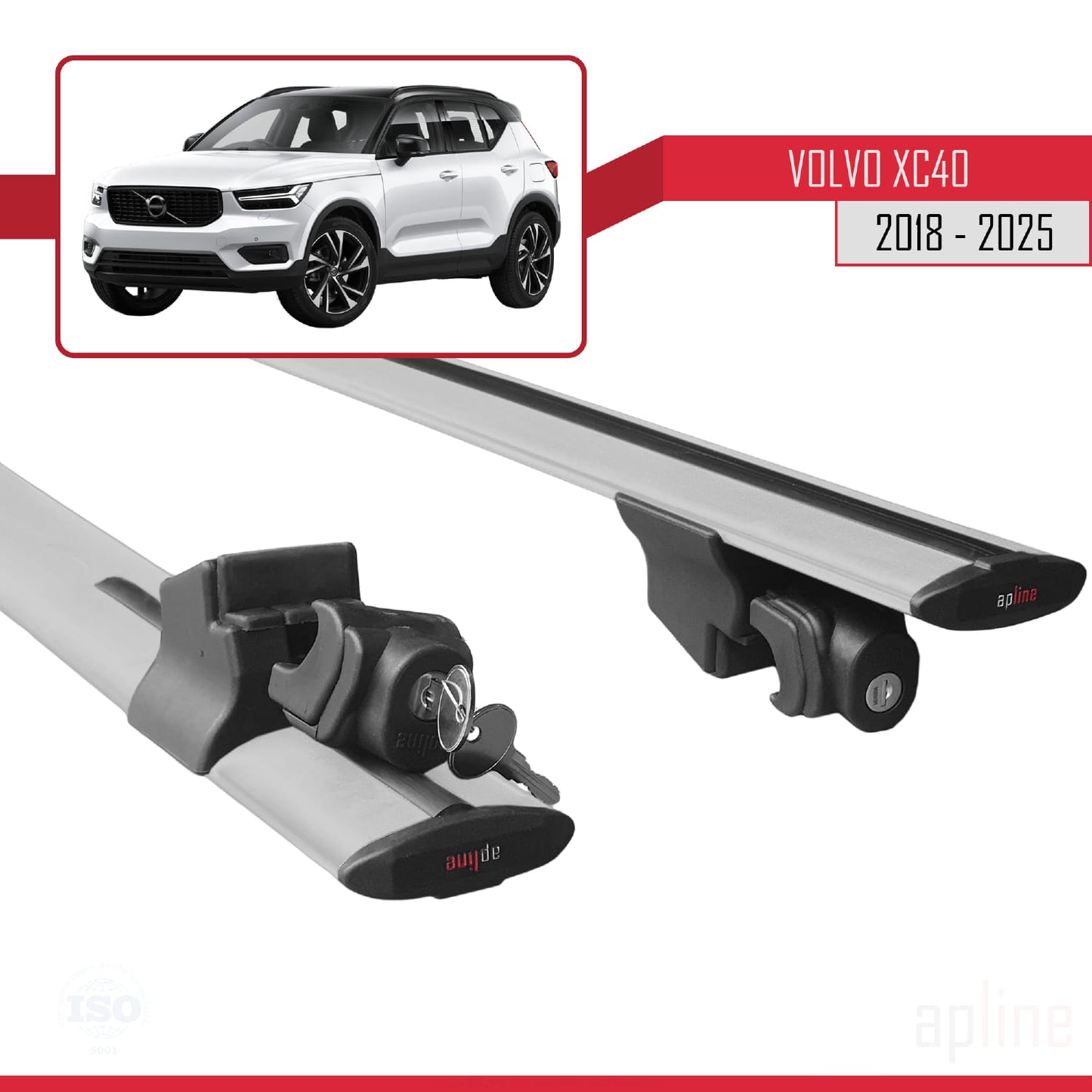 Compatible with Volvo XC40 2018-2025 HOOK Model Car Roof Rack Cross Bar Grey Aluminium 2 Bars