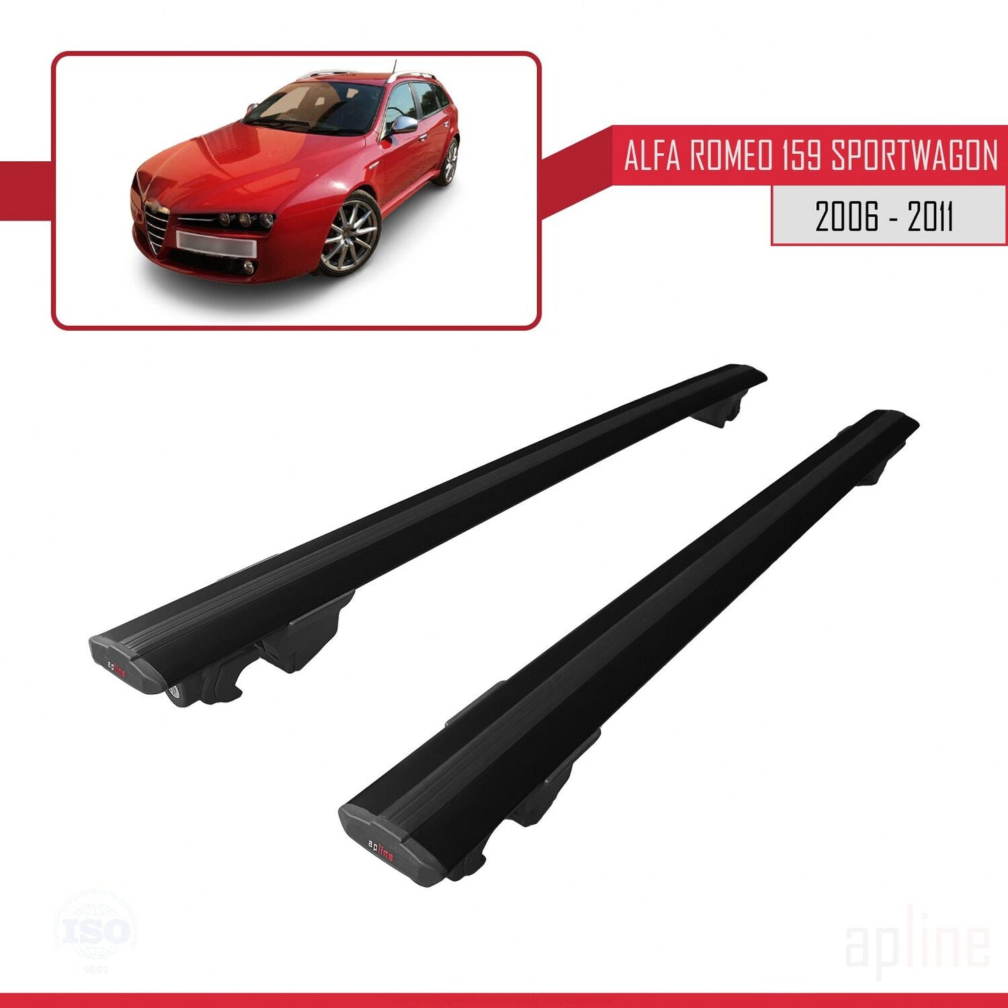 Compatible with Alfa Romeo 159 (T939) SW 2006-2011 HOOK Model Car Roof Rack Cross Bar Black Aluminium 2 Bars