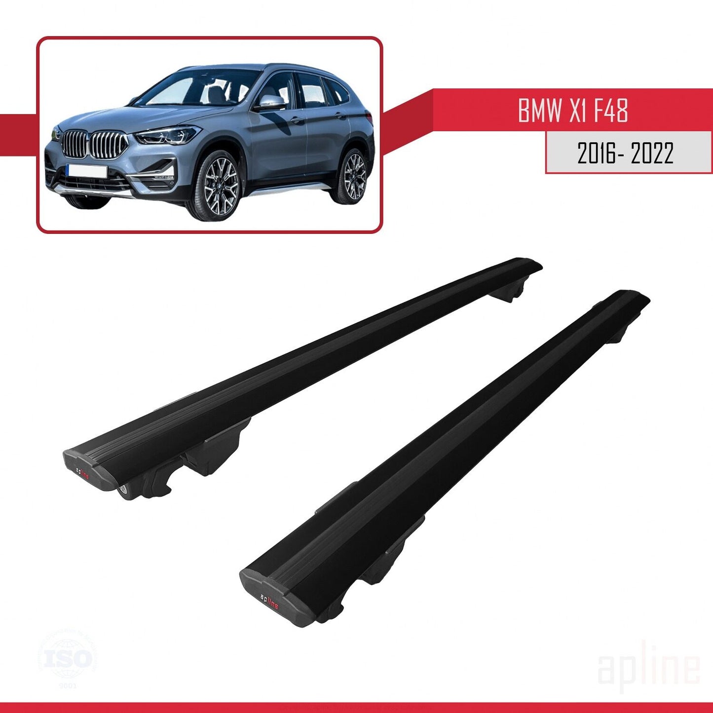 Compatible with BMW X1 (F48) 2016-2022 HOOK Model Car Roof Rack Cross Bar Black Aluminium 2 Bars
