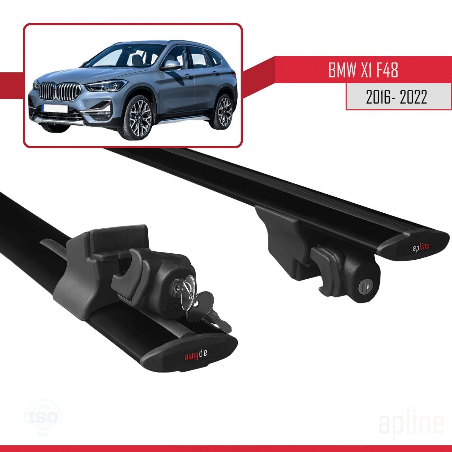Compatible with BMW X1 (F48) 2016-2022 HOOK Model Car Roof Rack Cross Bar Black Aluminium 2 Bars