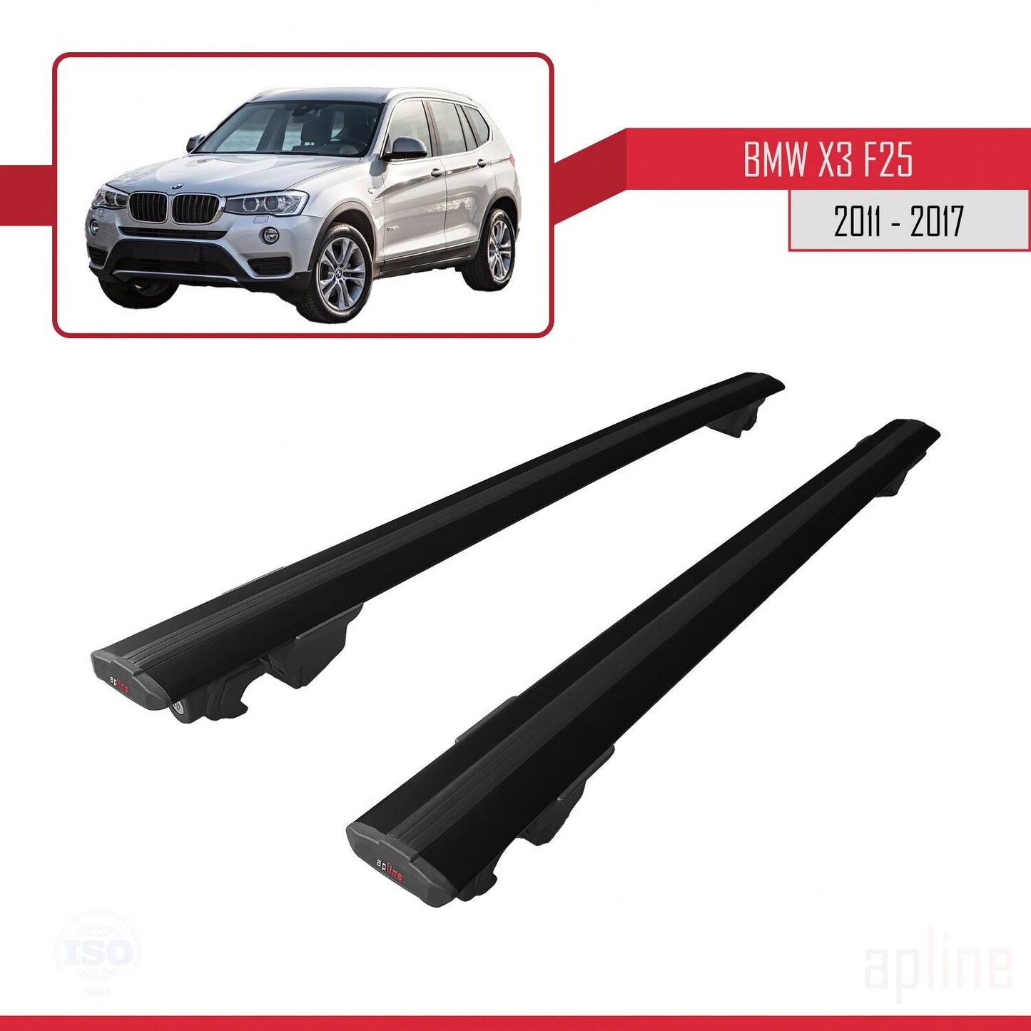 Compatible with BMW X3 (F25) 2011-2017 HOOK Model Car Roof Rack Cross Bar Black Aluminium 2 Bars