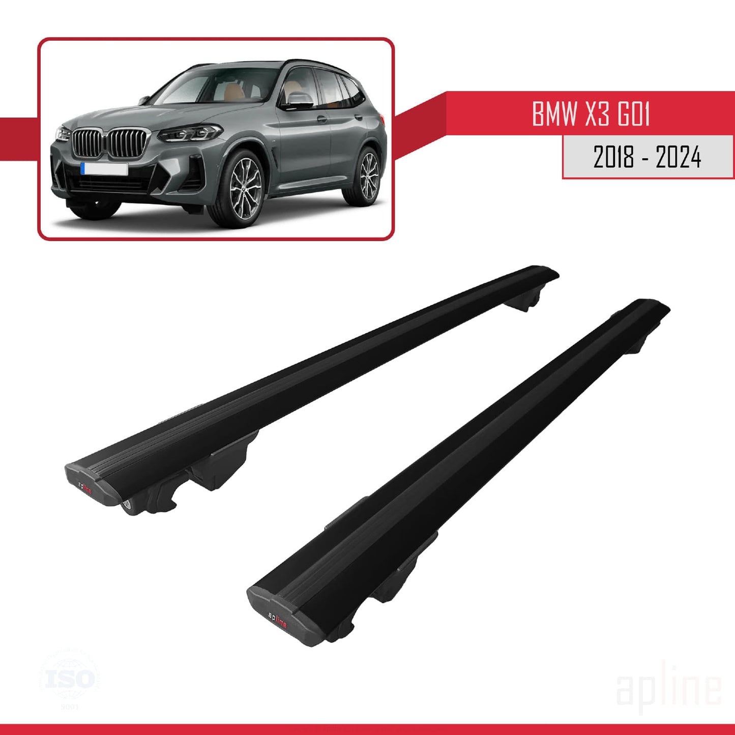 Compatible with BMW X3 (G01) 2018-2024 HOOK Model Car Roof Rack Cross Bar Black Aluminium 2 Bars