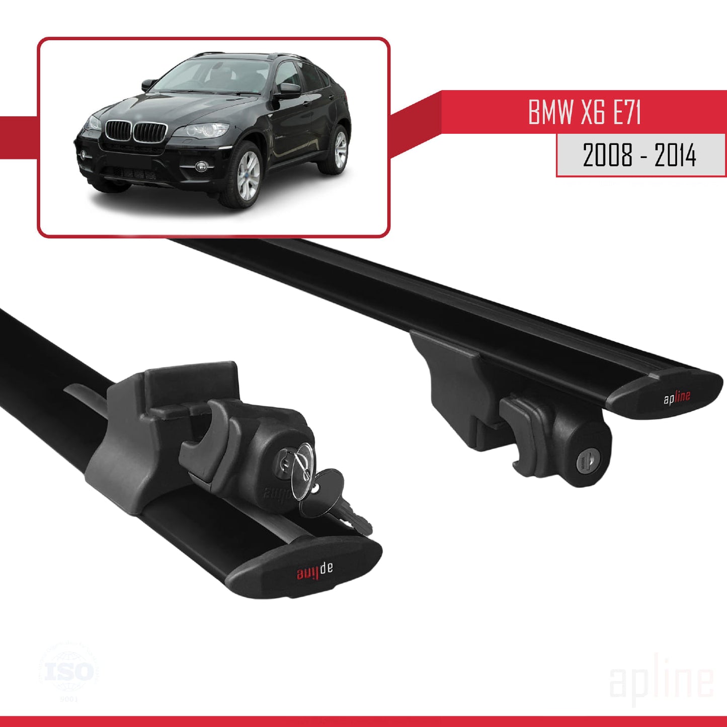 Compatible with BMW X6 (E71) 2008-2014 HOOK Model Car Roof Rack Cross Bar Black Aluminium 2 Bars
