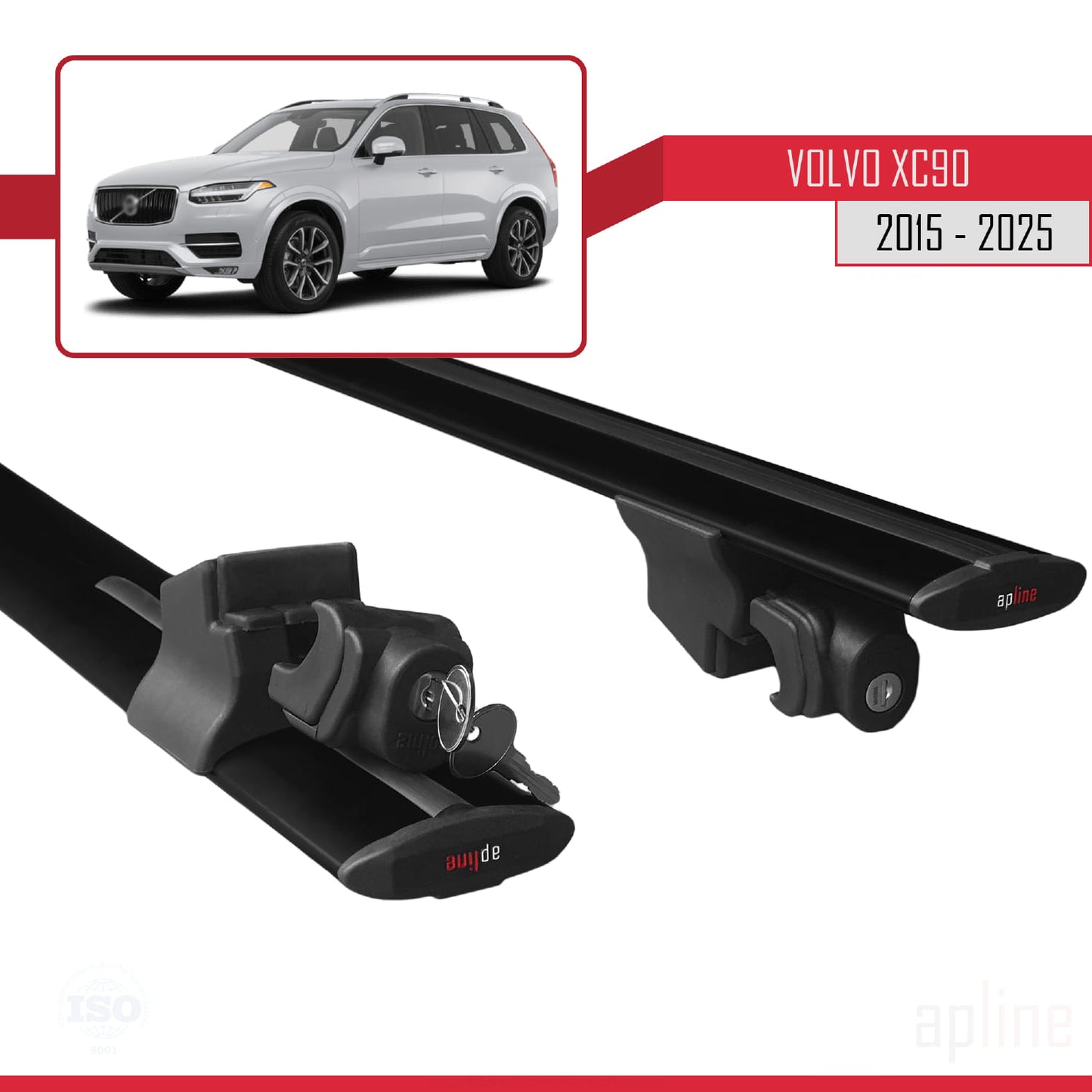 Compatible with Volvo XC90 II 2015-2025 HOOK Model Car Roof Rack Cross Bar Black Aluminium 2 Bars