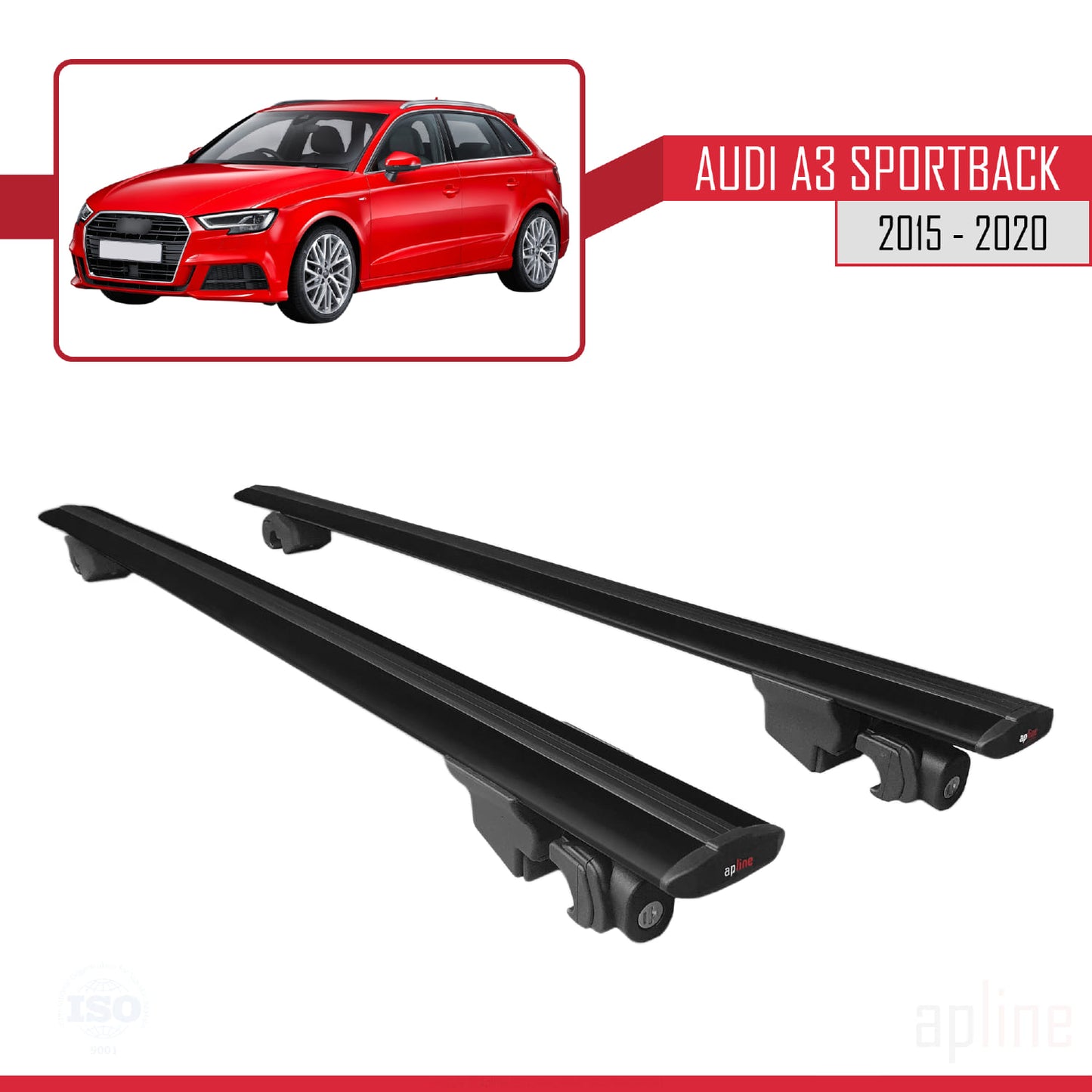 Compatible with Audi A3 Sportback 2015-2020  HOOK Model Car Roof Rack Cross Bar Black Aluminium 2 Bars