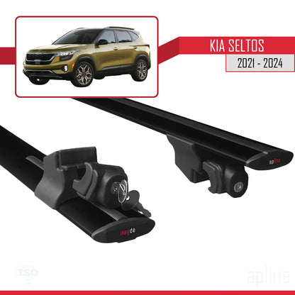 Compatible with Kia Seltos 2021-2024  HOOK Model Car Roof Rack Cross Bar Black Aluminium 2 Bars