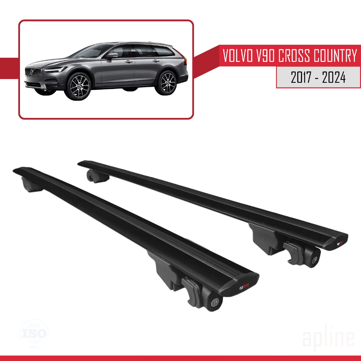 Compatible with Volvo V90 Cross Country 2017-2024  HOOK Model Car Roof Rack Cross Bar Black Aluminium 2 Bars