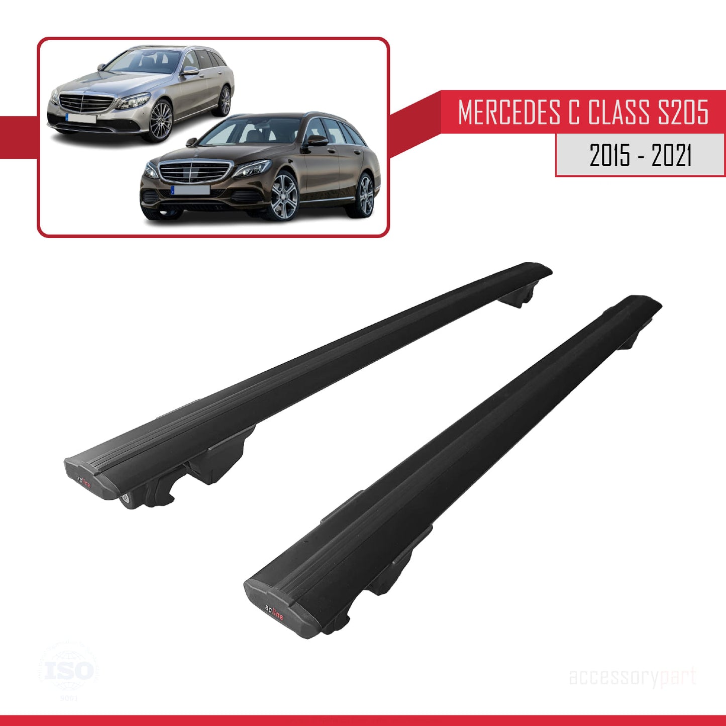 Compatible with Mercedes C Class 4 (S205) 2015-2021 HOOK Model Roof Rack Black 2 Aluminium Bars