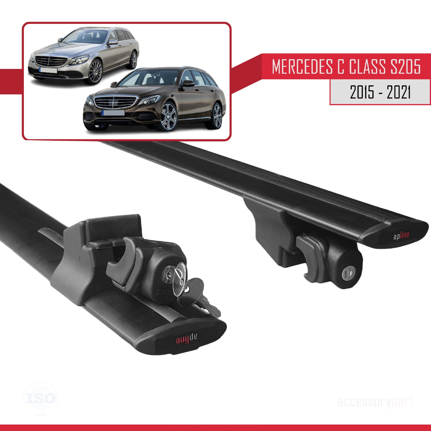 Compatible with Mercedes C Class 4 (S205) 2015-2021 HOOK Model Roof Rack Black 2 Aluminium Bars