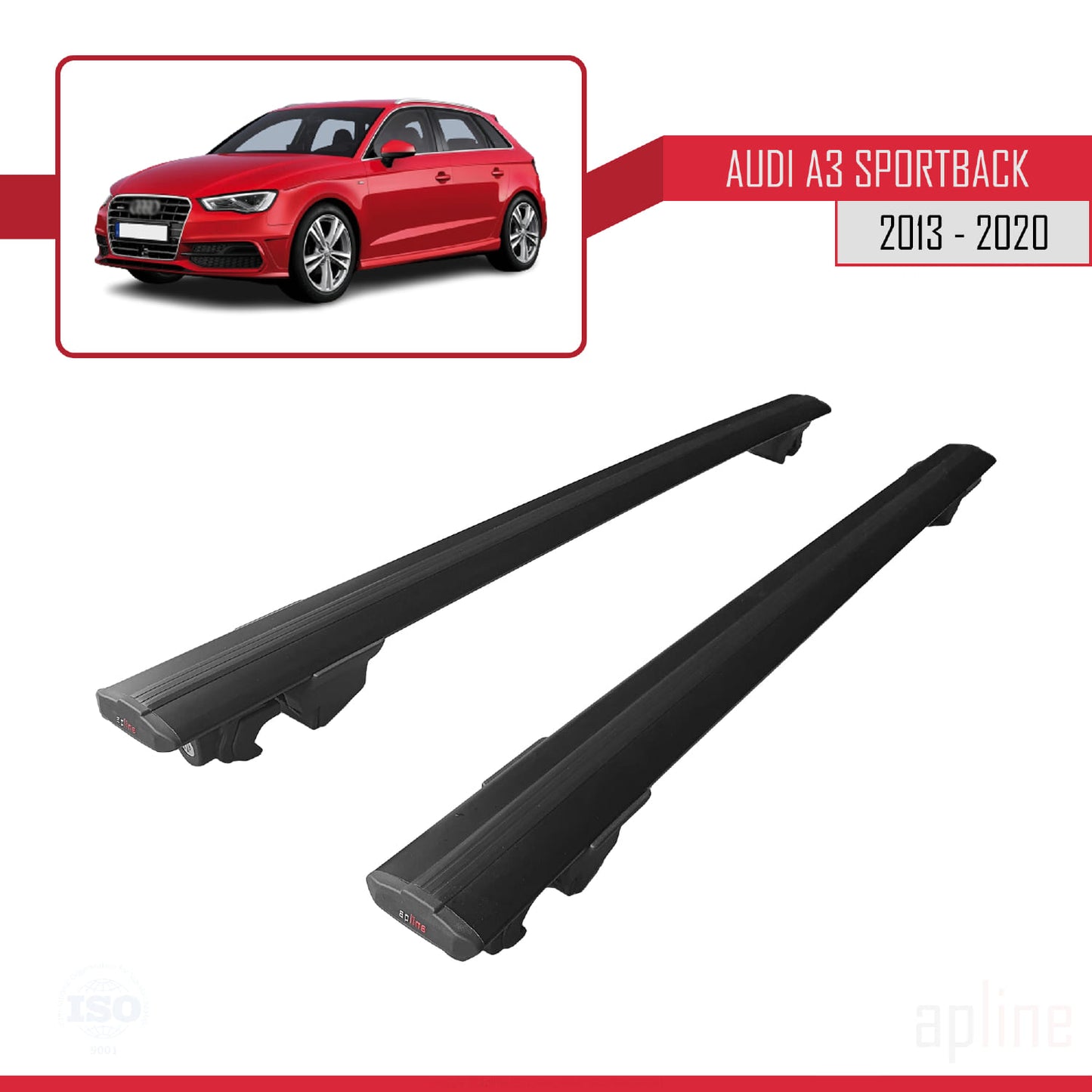 Compatible with Audi A3 (8V) Sportback 2013-2020 HOOK Model Car Roof Rack Cross Bar Black Aluminium 2 Bars