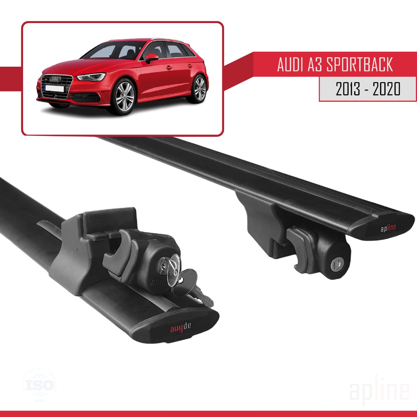 Compatible with Audi A3 (8V) Sportback 2013-2020 HOOK Model Car Roof Rack Cross Bar Black Aluminium 2 Bars