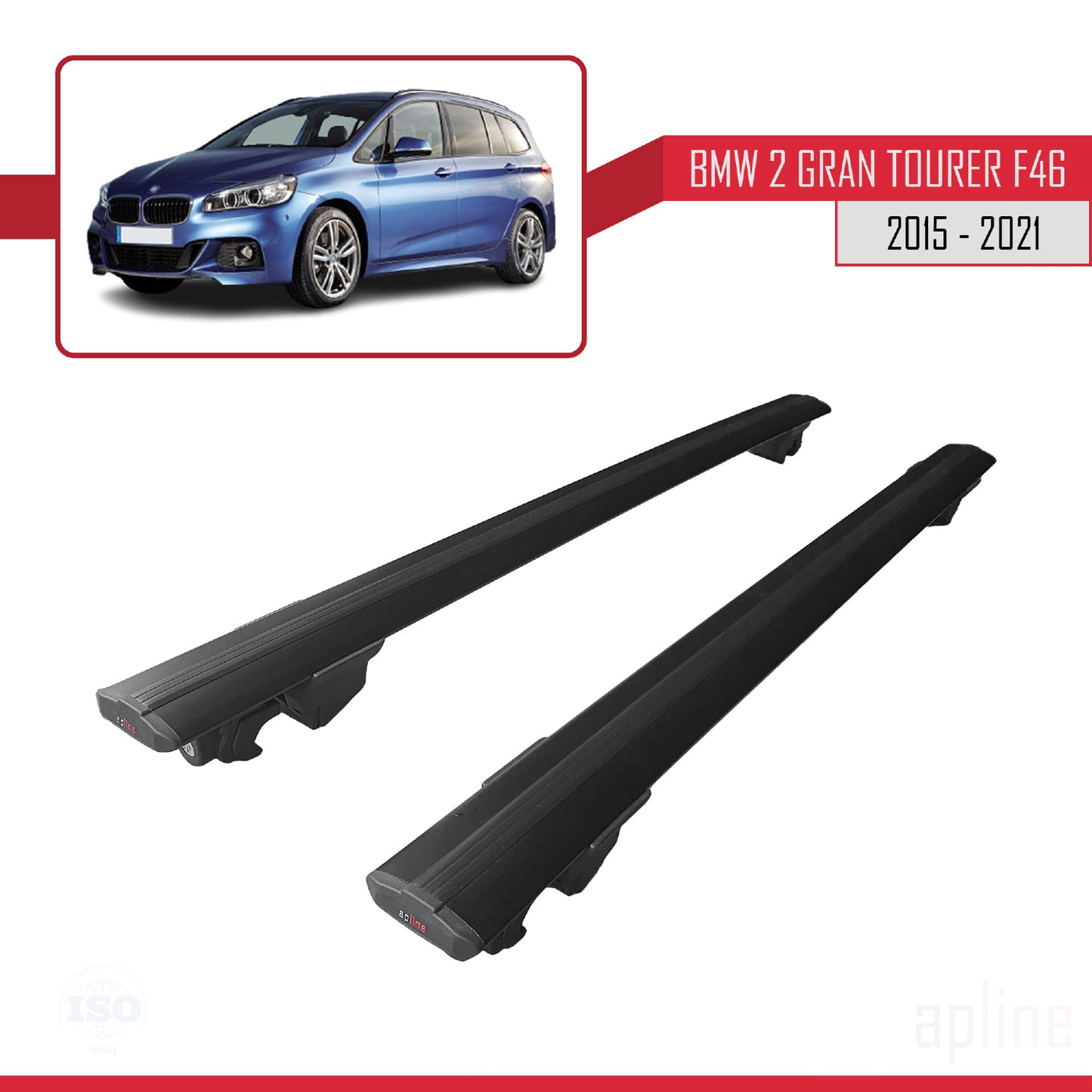 Compatible with BMW 2 Series (F46) Gran Tourer 2015-2021 HOOK Model Car Roof Rack Cross Bar Black Aluminium 2 Bars