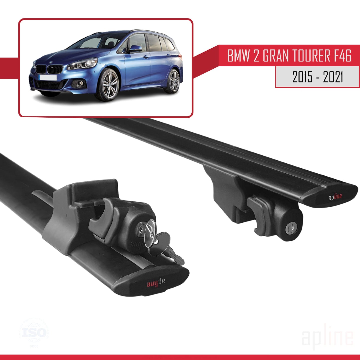 Compatible with BMW 2 Series (F46) Gran Tourer 2015-2021 HOOK Model Car Roof Rack Cross Bar Black Aluminium 2 Bars