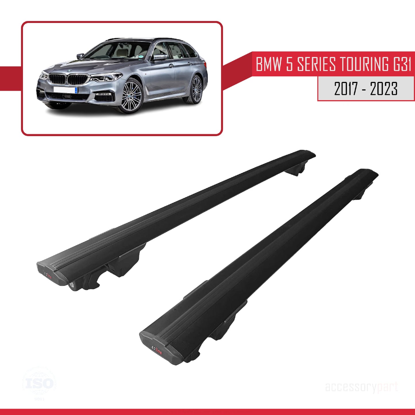 Compatible with BMW 5 Series (G31) Wagon 2017-2023 HOOK Model Roof Rack Black 2 Aluminium Bars