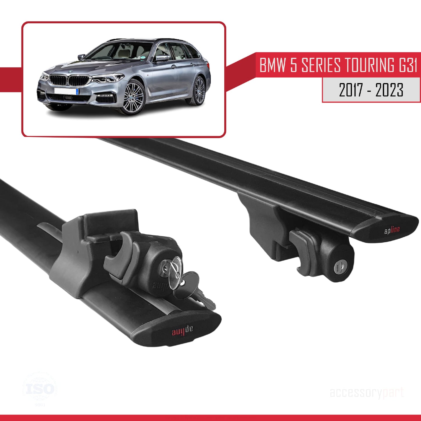 Compatible with BMW 5 Series (G31) Wagon 2017-2023 HOOK Model Roof Rack Black 2 Aluminium Bars