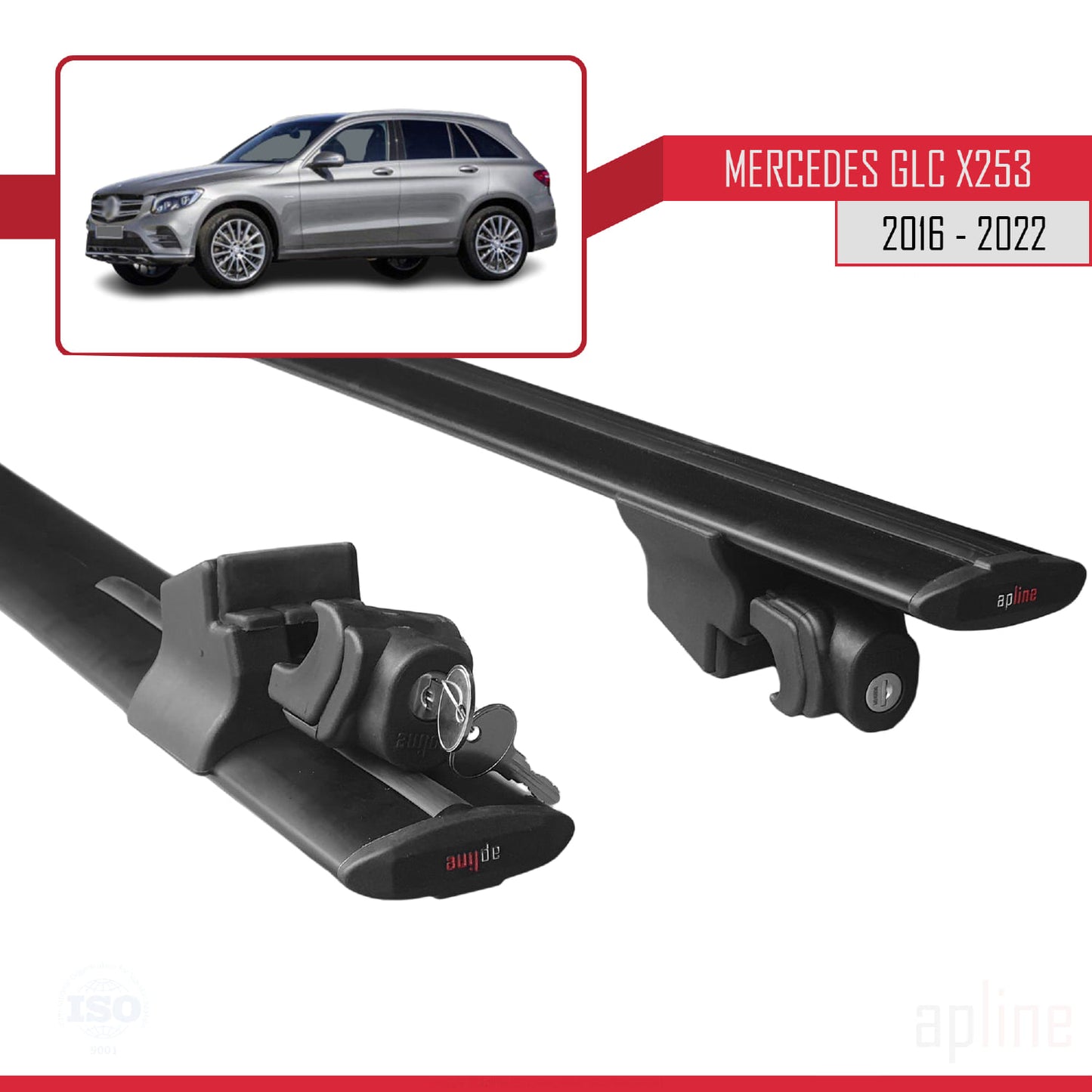 Compatible with Mercedes GLC Class (X253) 2016-2022 HOOK Model Car Roof Rack Cross Bar Black Aluminium 2 Bars