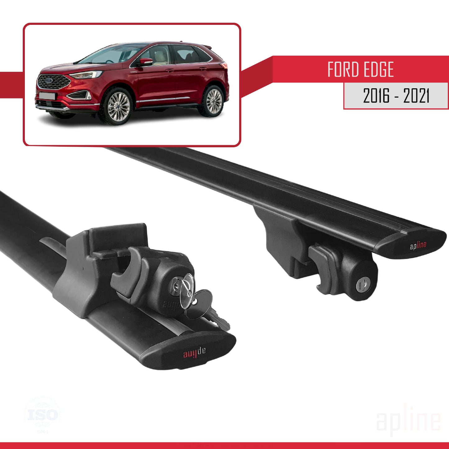 Compatible with Ford Edge (CD539) 2016-2021 HOOK Model Car Roof Rack Cross Bar Black Aluminium 2 Bars