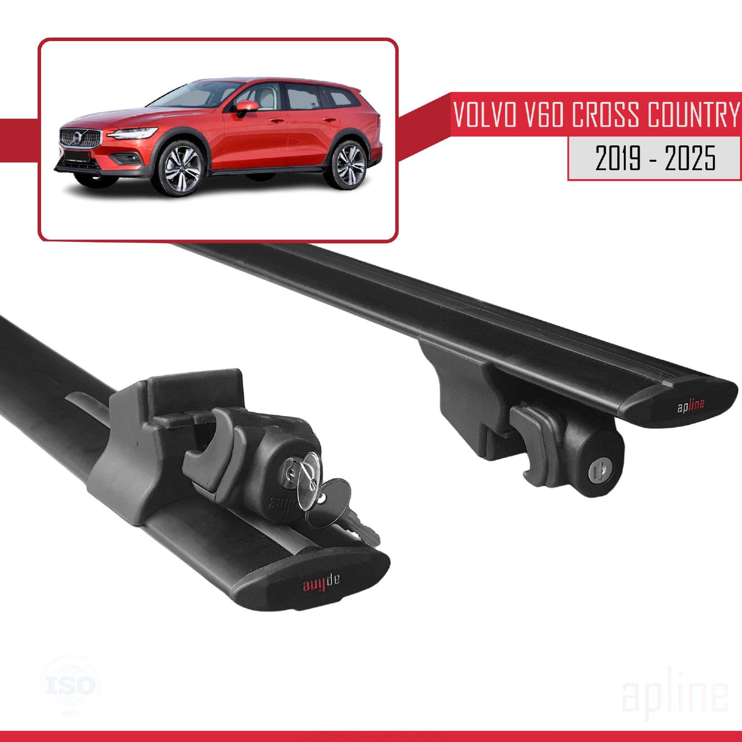 Compatible with Volvo V60 II Cross Country 2019-2025 HOOK Model Car Roof Rack Cross Bar Black Aluminium 2 Bars