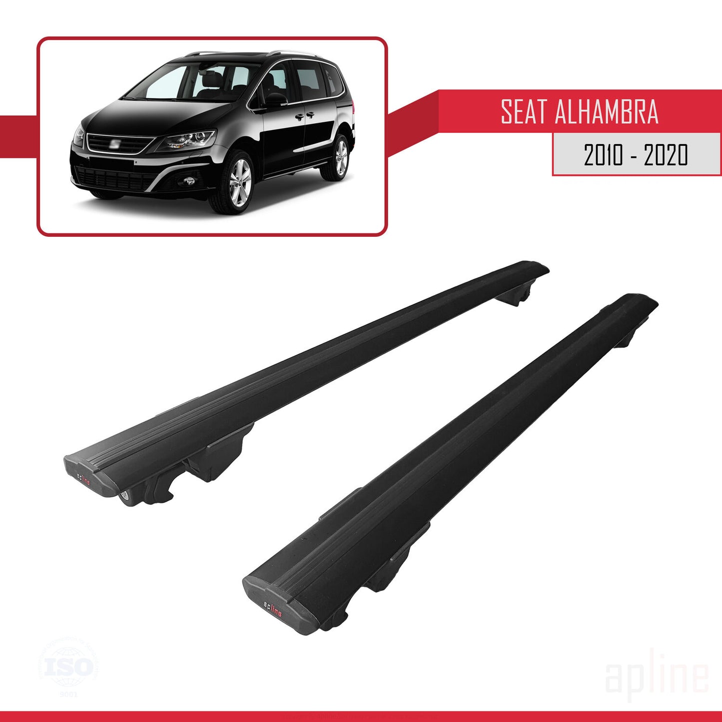 Compatible with Seat Alhambra 2 (7N) 2010-2020 HOOK Model Car Roof Rack Cross Bar Black Aluminium 2 Bars