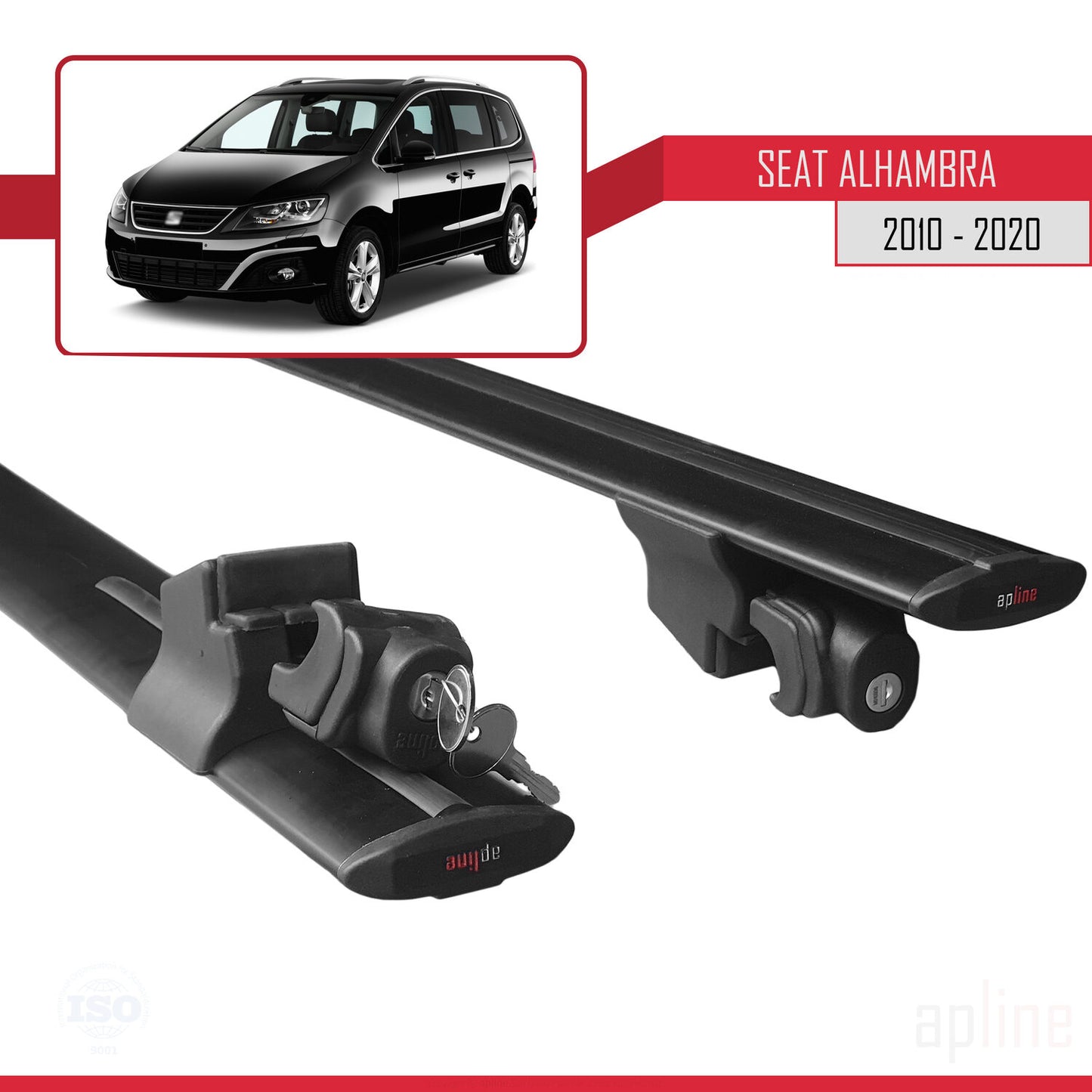 Compatible with Seat Alhambra 2 (7N) 2010-2020 HOOK Model Car Roof Rack Cross Bar Black Aluminium 2 Bars