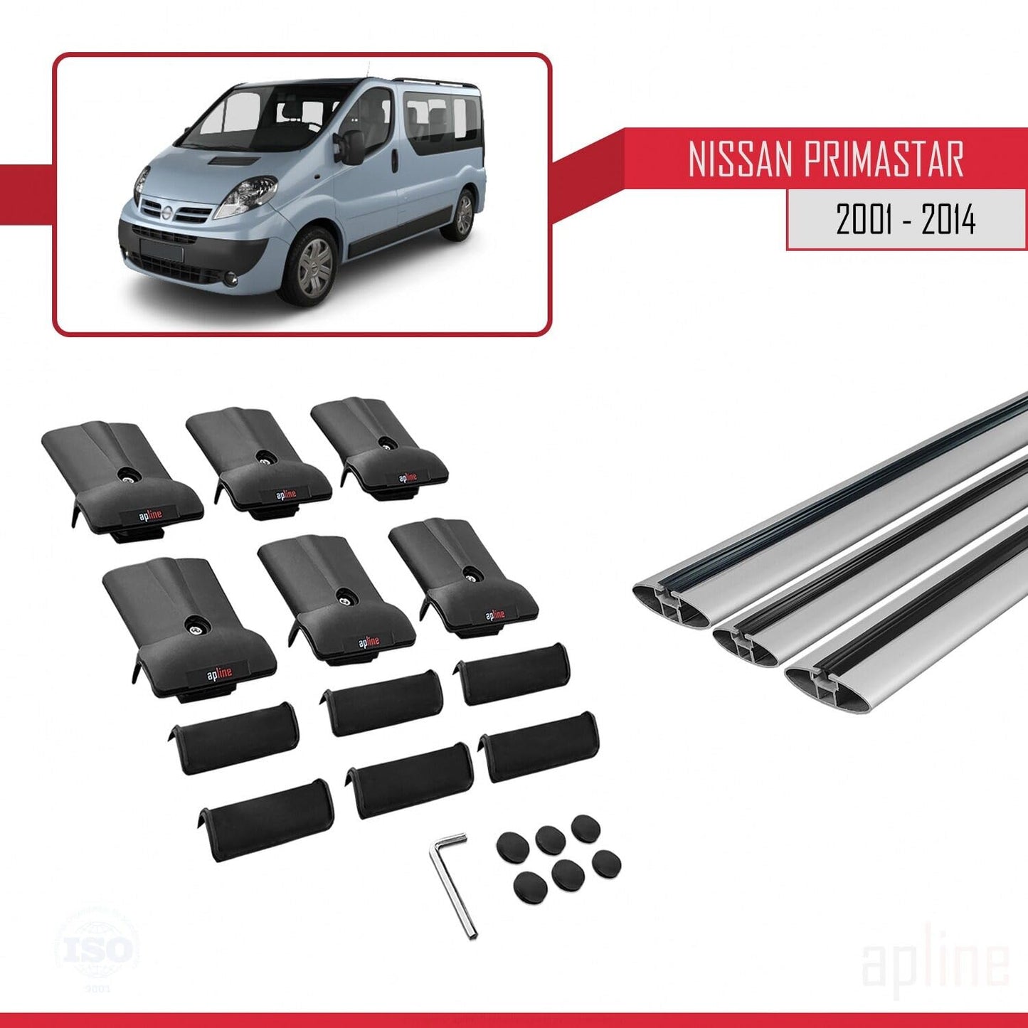 Compatible with Nissan Primastar 2001-2014 Fly Model Car Roof Rack Cross Bar Grey Aluminium 3 Bars