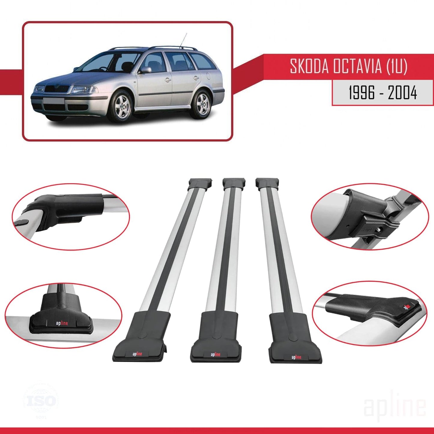 Compatible with Skoda Octavia (1U) 1996-2004 Fly Model Car Roof Rack Cross Bar Grey Aluminium 3 Bars