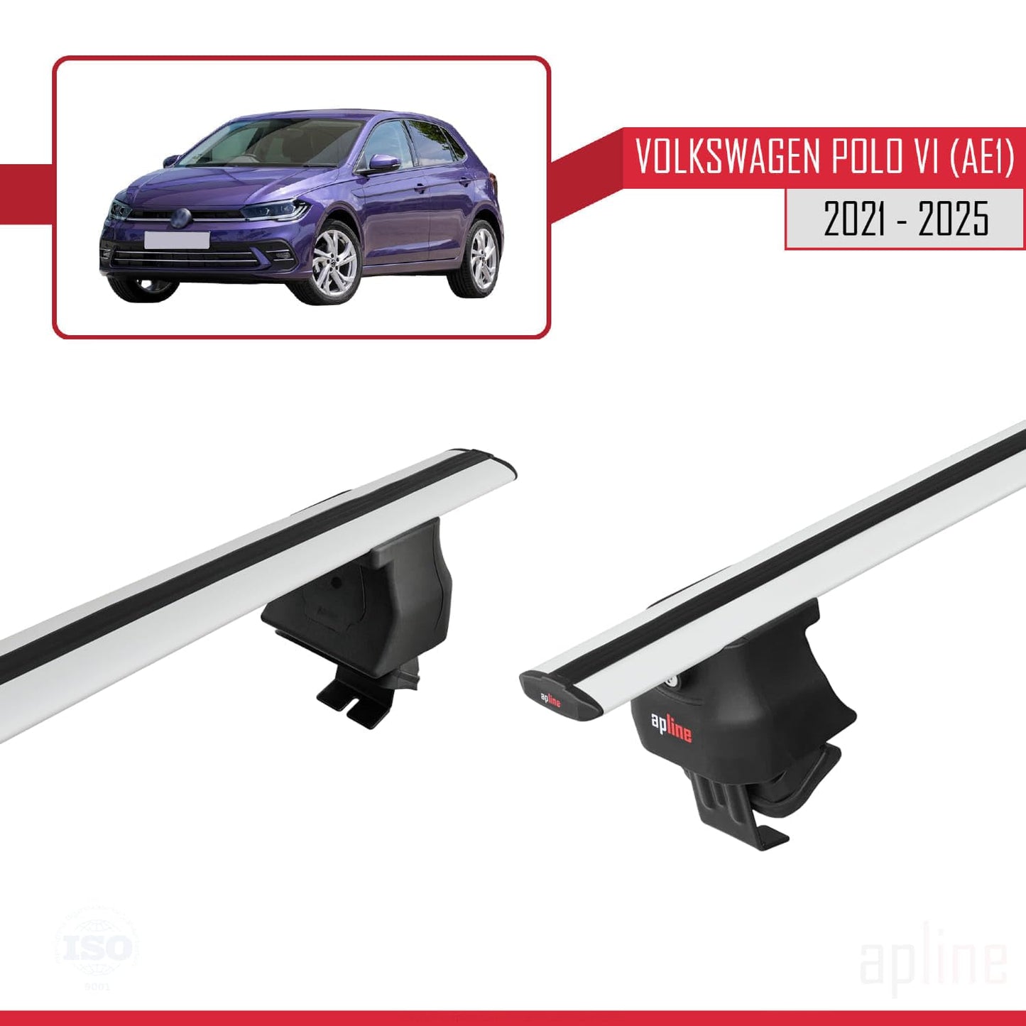 Compatible with Volkswagen Polo 6 (AE1) Post-Facelift 2021-2025 ACE-4 Car Roof Rack Cross Bar Grey Aluminium 2 Bars