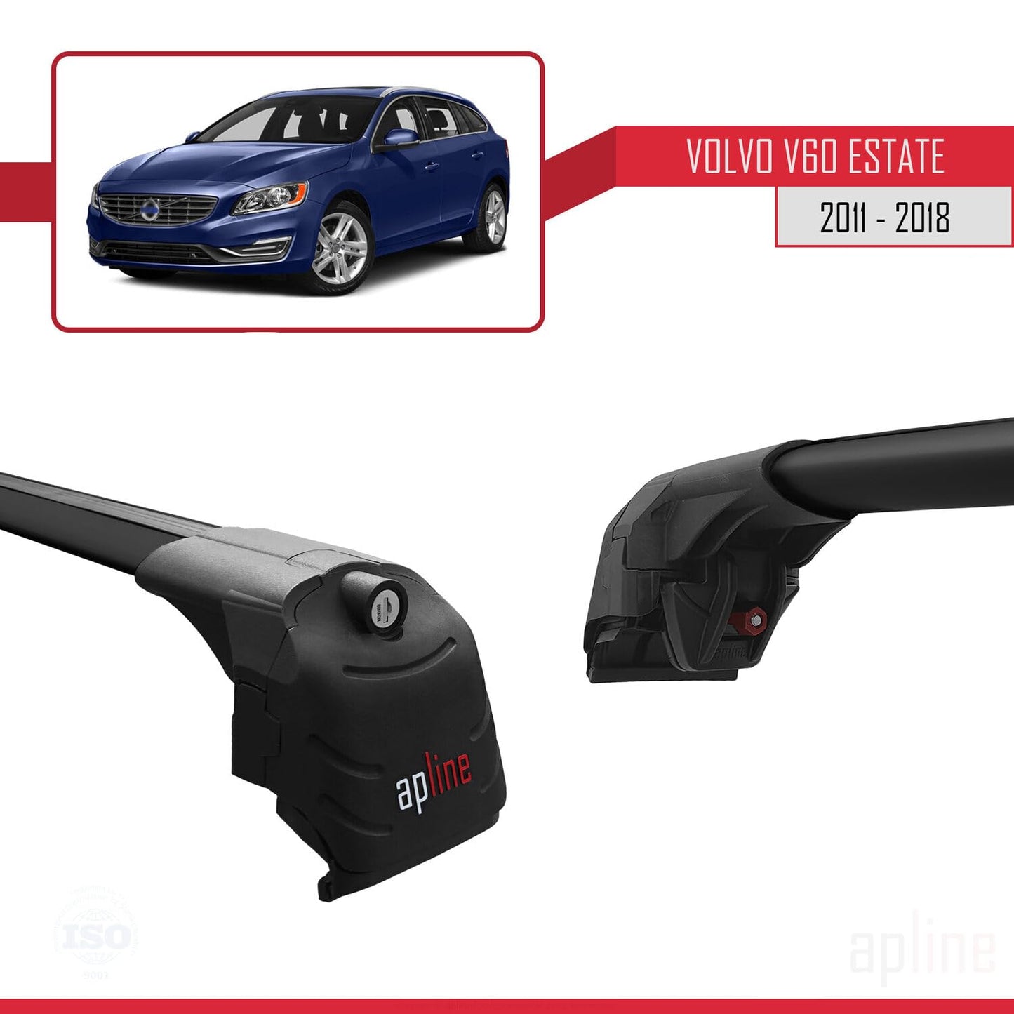 Compatible with Volvo V60 2011-2018 ACE-2 Car Roof Rack Cross Bar Black Aluminium 2 Bars
