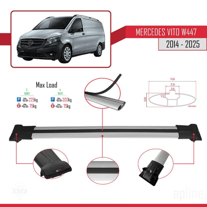 Compatible with Mercedes Vito 3 (W447) 2014-2025 Fly Model Car Roof Rack Cross Bar Grey Aluminium 4 Bars
