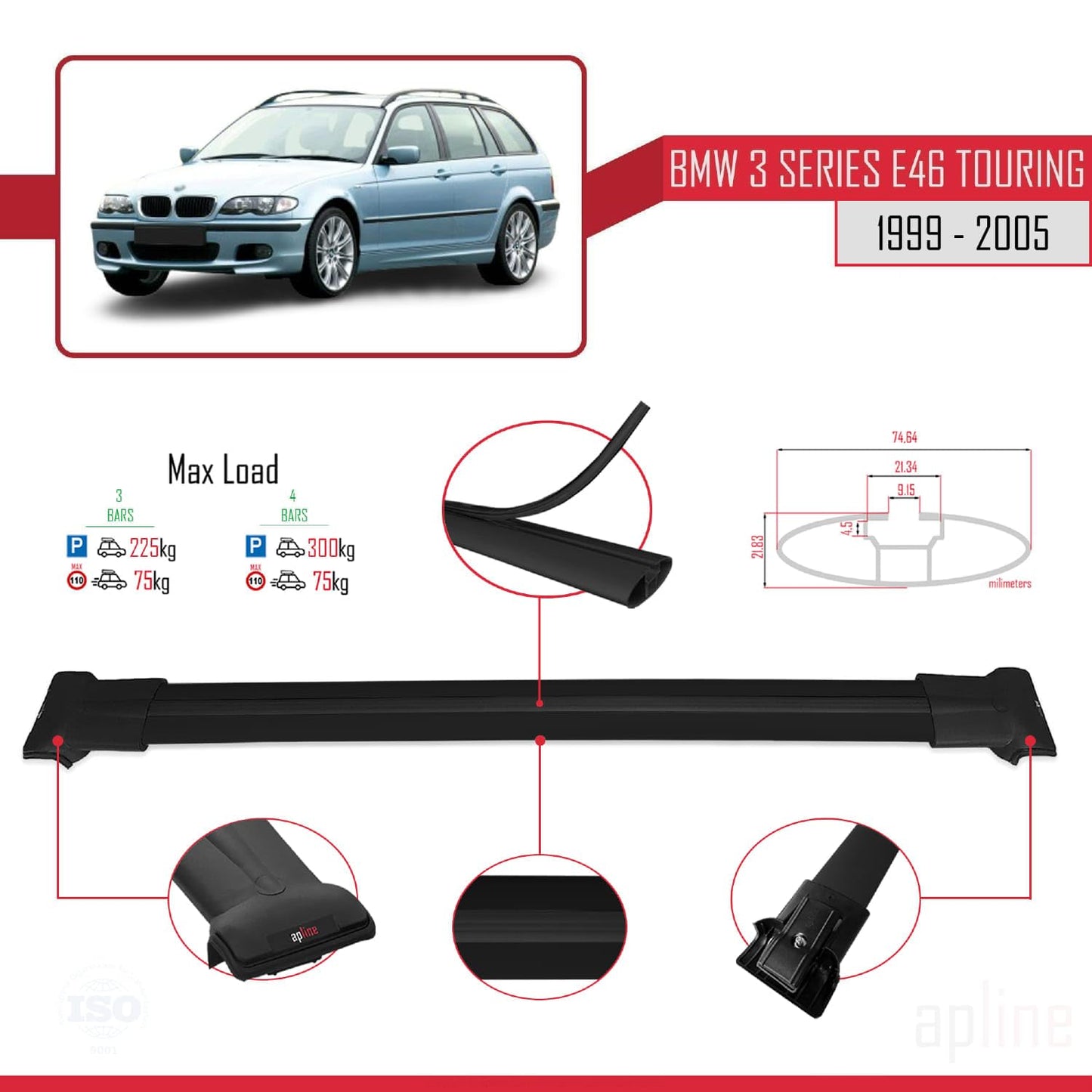 Compatible with BMW 3 Series (E46) Touring 1999-2005 Fly Model Car Roof Rack Cross Bar Black Aluminium 3 Bars