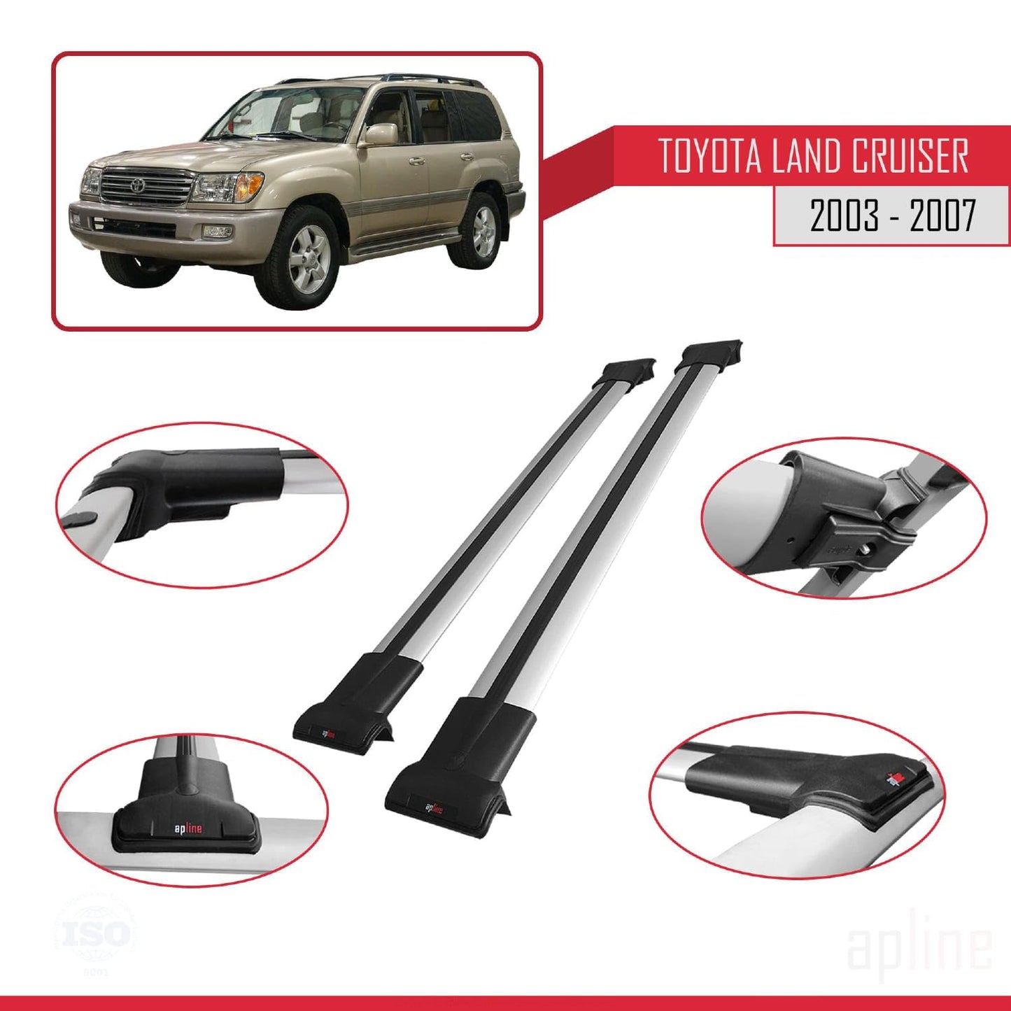 Compatible with Toyota Land Cruiser (J100) 2003-2007 Fly Model Car Roof Rack Cross Bar Grey Aluminium 2 Bars