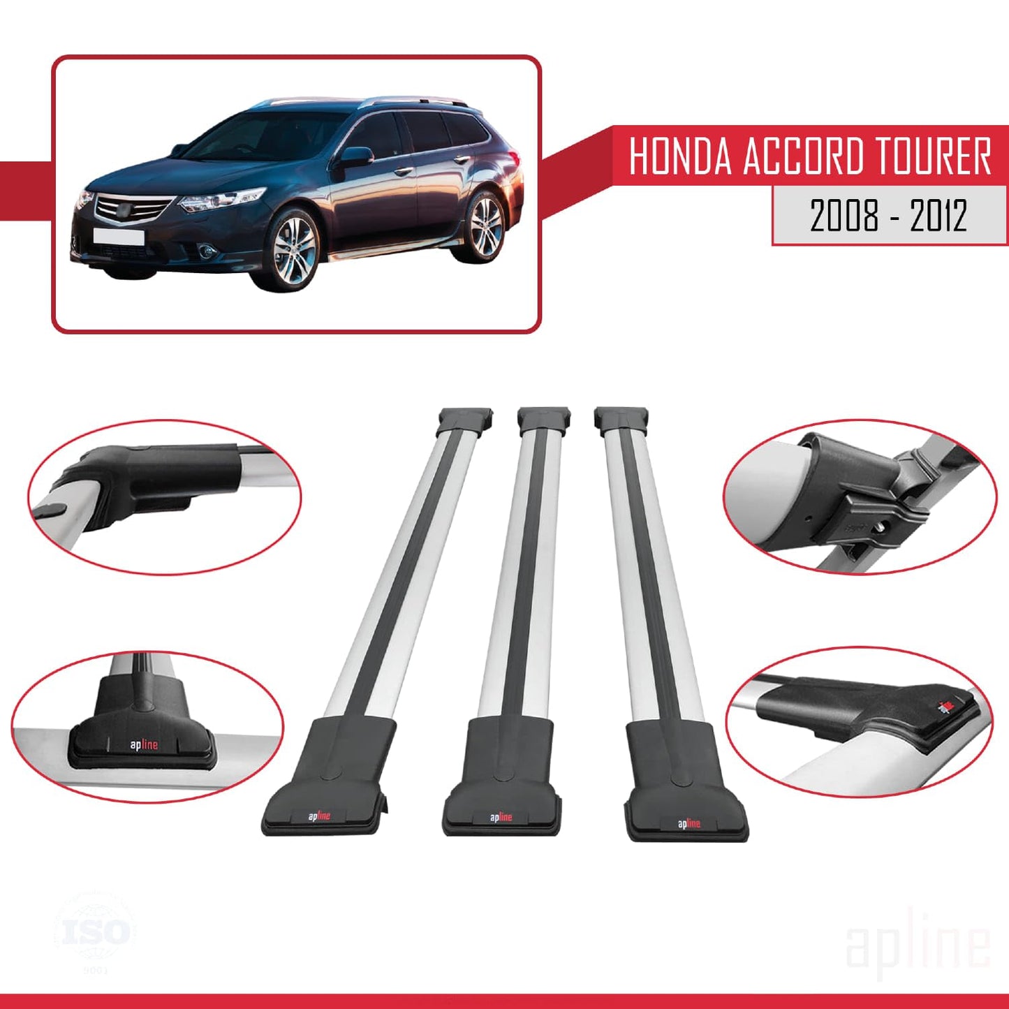 Compatible with Honda Accord Tourer 2008-2012 Fly Model Car Roof Rack Cross Bar Grey Aluminium 3 Bars