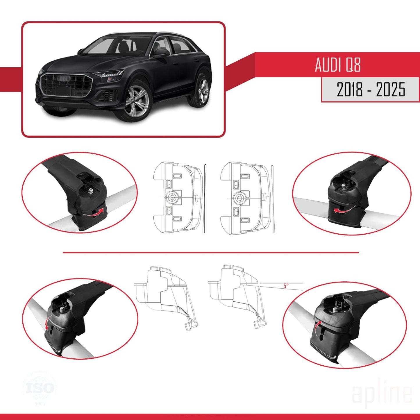 Compatible with Audi Q8 (F1) 2018-2025 ACE-2 Car Roof Rack Cross Bar Black Aluminium 2 Bars