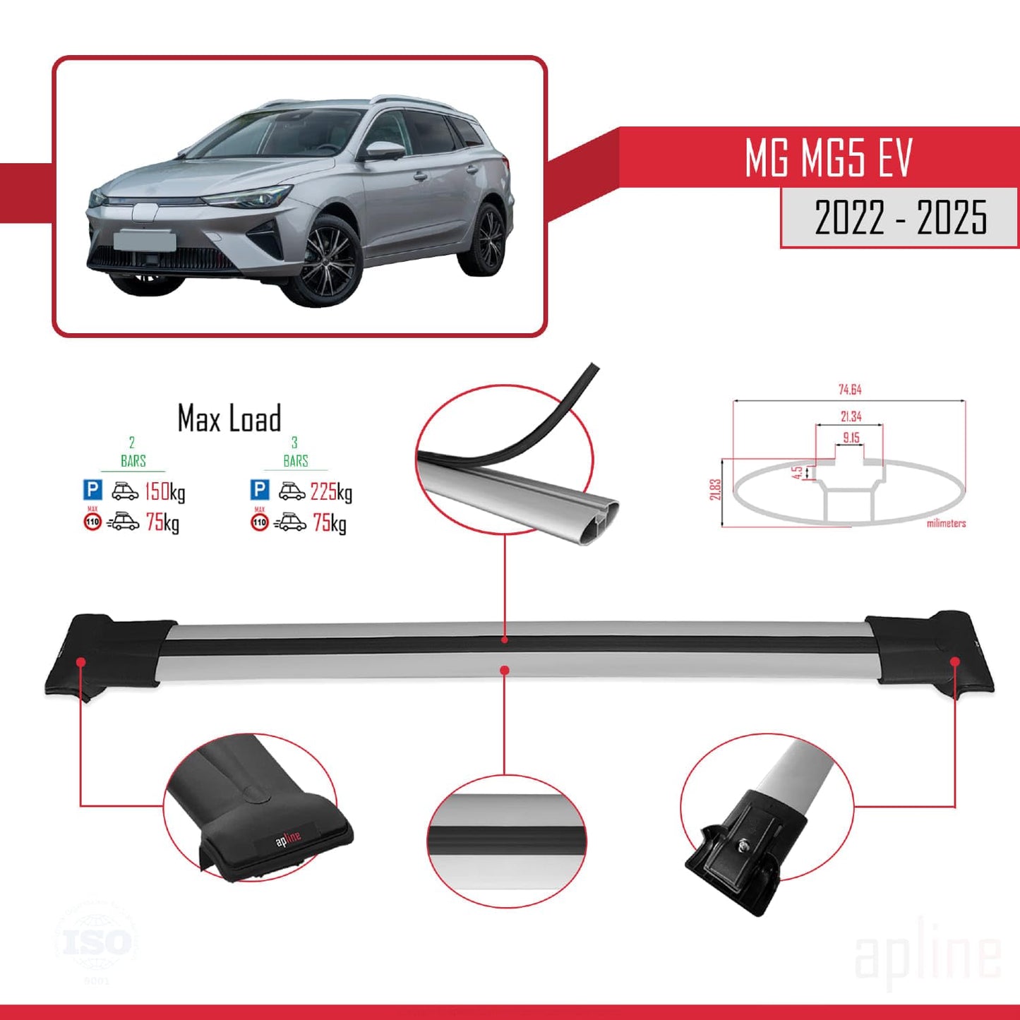 Compatible with MG 5 EV 2022-2025 Fly Model Car Roof Rack Cross Bar Grey Aluminium 2 Bars