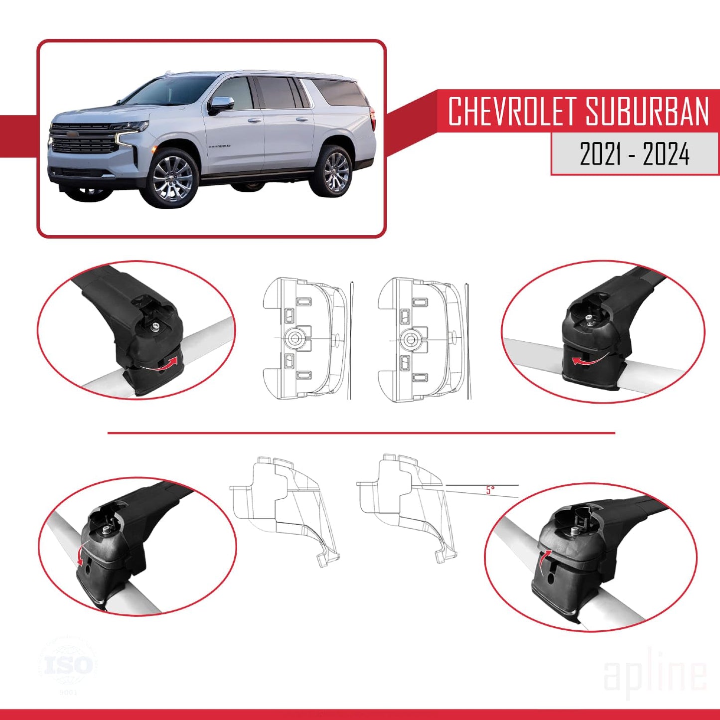 Compatible with Chevrolet Suburban 2021-2024 ACE-2 Car Roof Rack Cross Bar Black Aluminium 2 Bars