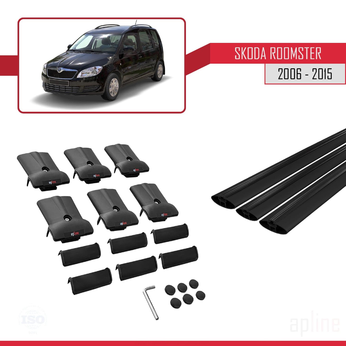 Compatible with Skoda Roomster 2006-2015 Fly Model Car Roof Rack Cross Bar Black Aluminium 3 Bars
