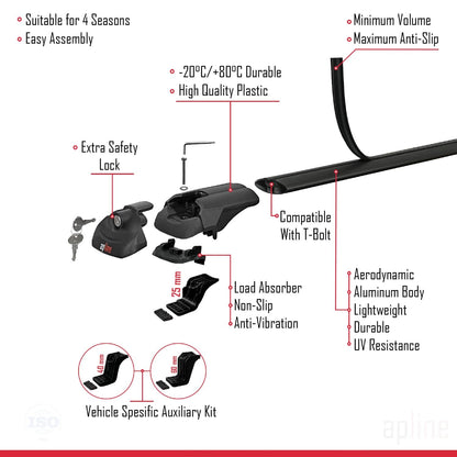 Compatible with Toyota Avensis SW 2003-2009 ACE-1 Car Roof Rack Cross Bar Black Aluminium 2 Bars