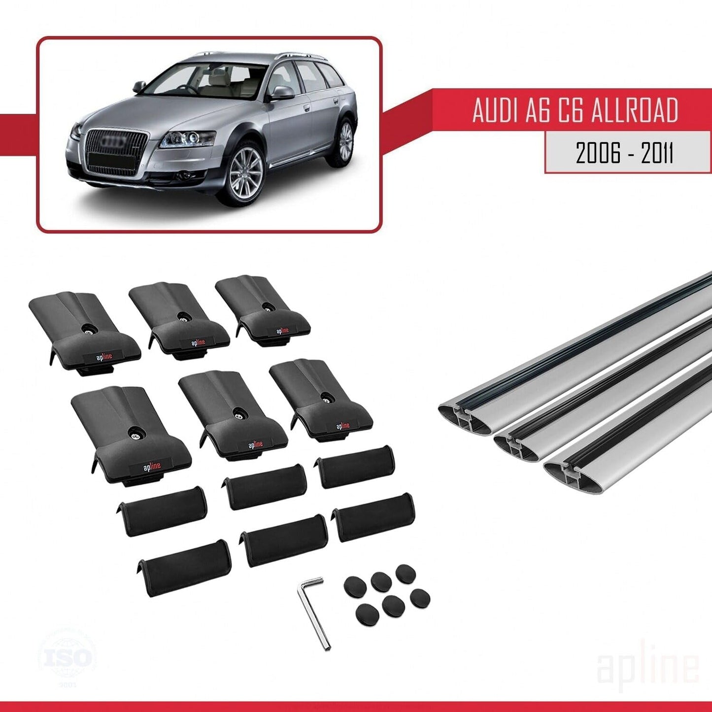 Compatible with Audi A6 (C6) Allroad 2006-2011 Fly Model Car Roof Rack Cross Bar Grey Aluminium 3 Bars